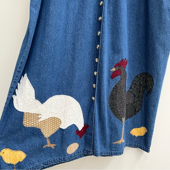 Vintage 90’s denim maxi jumper dress country chicken rooster patchwork appliqués - Picture 2 of 14